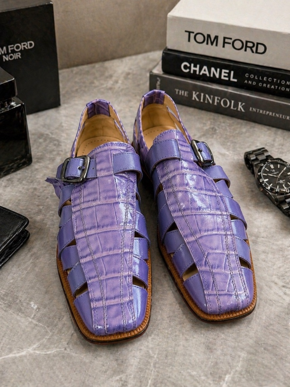 Giorgio Brutini Purple Leather Croc Fisherman Sandals Men’s 10